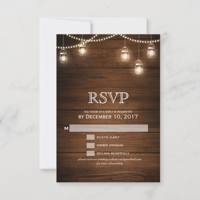 Mason jar string light wooden wedding RSVP (Front)