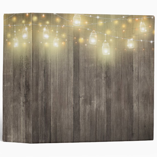Mason Jar String Lights & Barn Wood Rustic 3 Ring Binder (Front/Spine)