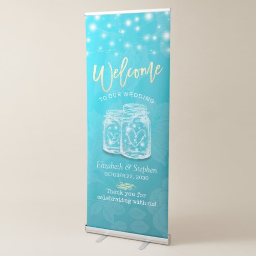 Mason Jar String Lights Blue Floral Wedding Banner