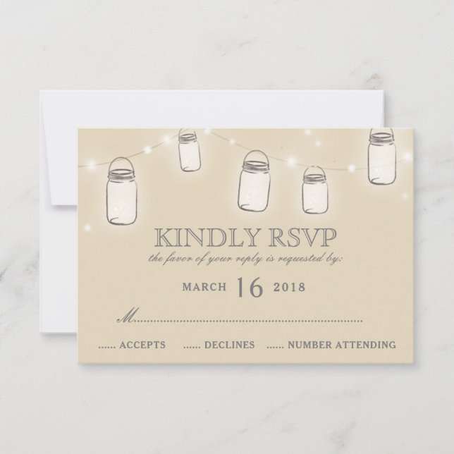Mason Jar String Lights Blush Pink Wedding RSVP Card (Front)