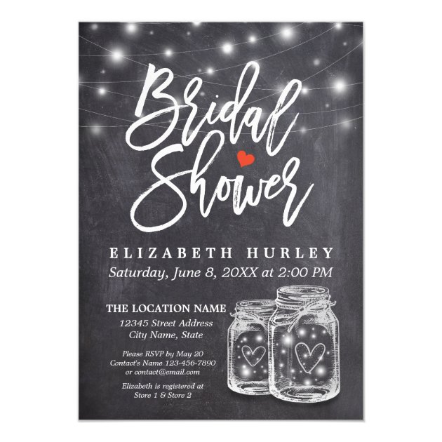 Mason Jar & String Lights Chalkboard Bridal Shower Invitation