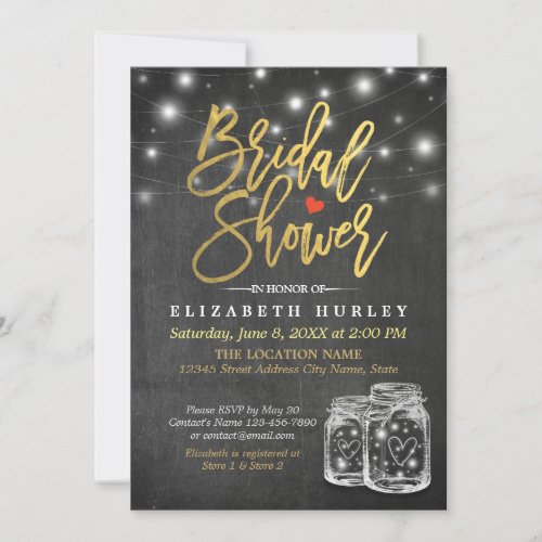 Mason Jar  String Lights Chalkboard Bridal Shower Invitation