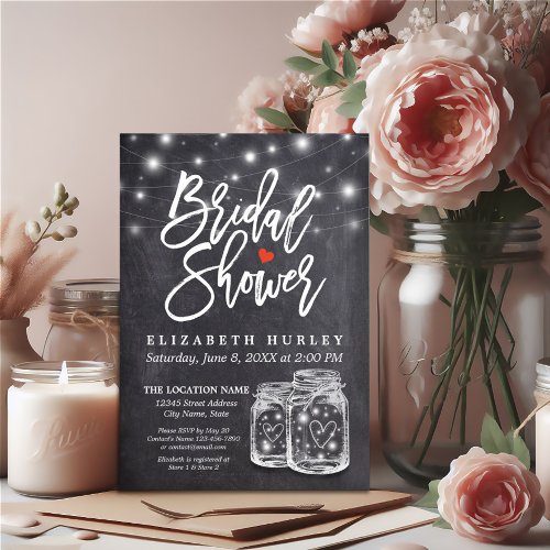 Mason Jar  String Lights Chalkboard Bridal Shower Invitation