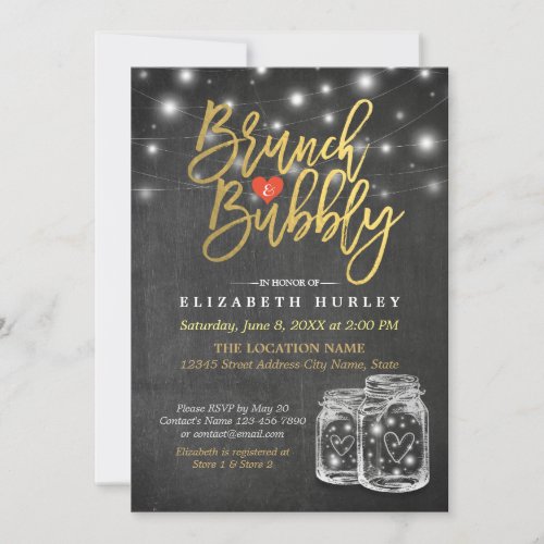 Mason Jar String Lights Chalkboard Brunch  Bubbly Invitation