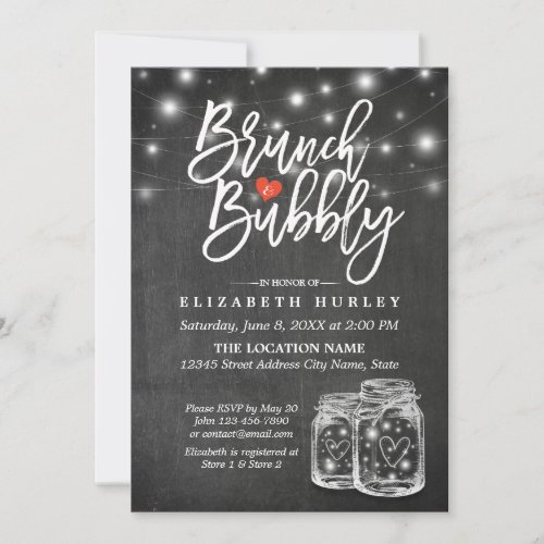 Mason Jar String Lights Chalkboard Brunch  Bubbly Invitation