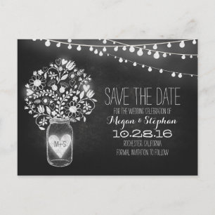 Mason jar & string lights chalkboard save the date announcement postcard