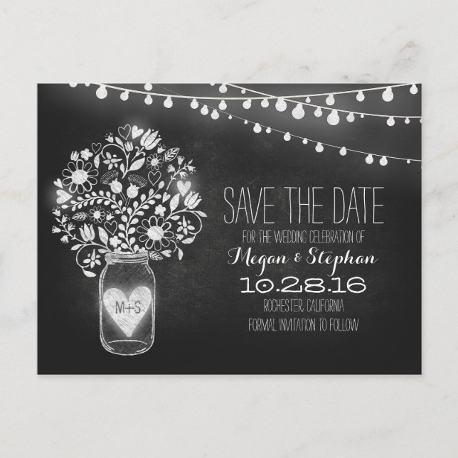 Mason jar & string lights chalkboard save the date announcement postcard (Front)