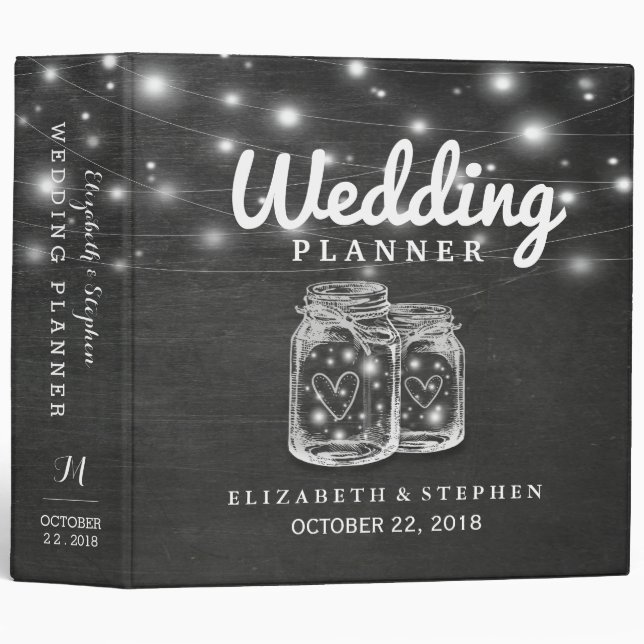 Mason Jar String Lights Chalkboard Wedding Planner 3 Ring Binder (Front/Spine)
