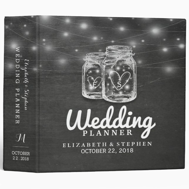 Mason Jar String Lights Chalkboard Wedding Planner 3 Ring Binder (Front/Spine)