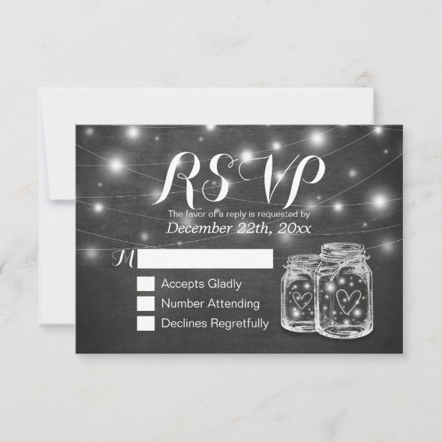 Mason Jar & String Lights Chalkboard Wedding RSVP Card (Front)