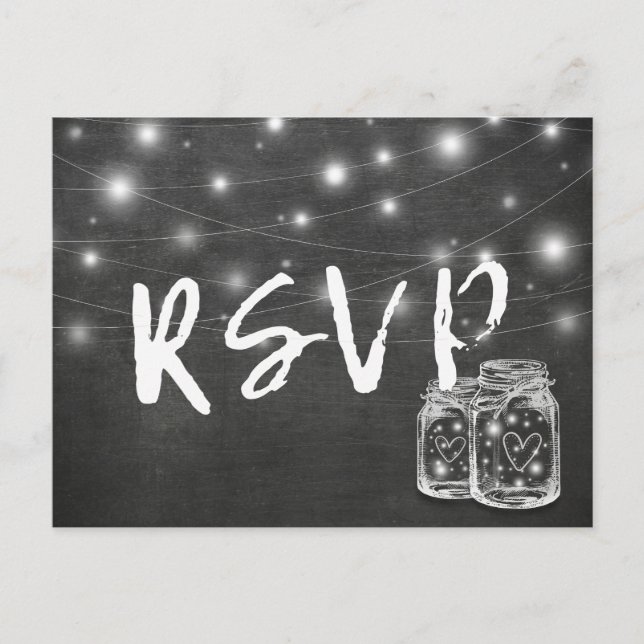 Mason Jar & String Lights Chalkboard Wedding RSVP Invitation Postcard (Front)