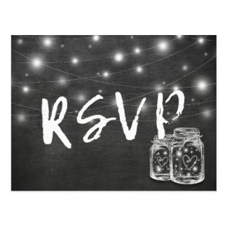 Mason Jar & String Lights Chalkboard Wedding RSVP Postcard