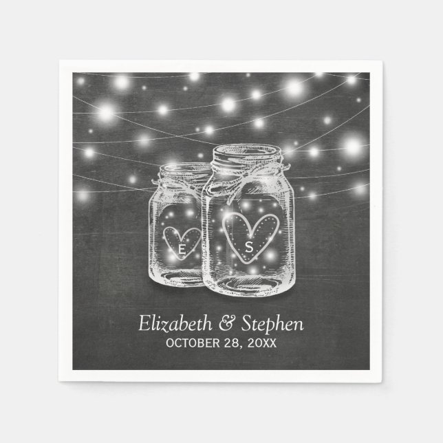 Mason Jar String Lights Chalkboard Wedding Shower Paper Napkins (Front)