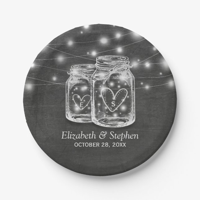 Mason Jar String Lights Chalkboard Wedding Shower Paper Plates (Front)