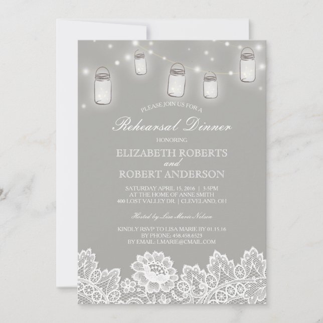 Mason Jar String Lights Lace Gray Rehearsal Dinner Invitation (Front)