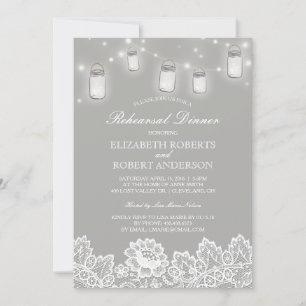 Mason Jar String Lights Lace Gray Rehearsal Dinner Invitation