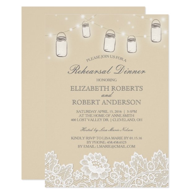 Mason Jar String Lights Lace Rehearsal Dinner Invitation