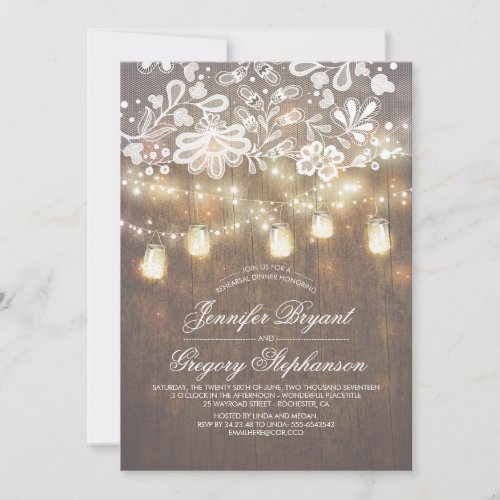 Mason Jar String Lights Lace Rehearsal Dinner Invitation