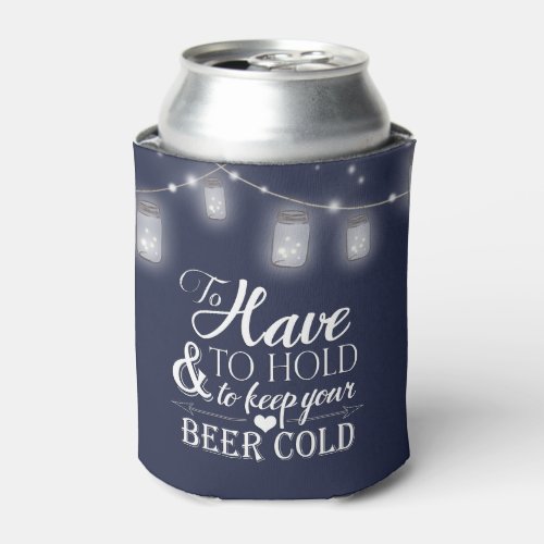 Mason Jar String Lights Navy Blue Wedding Beer Can Cooler