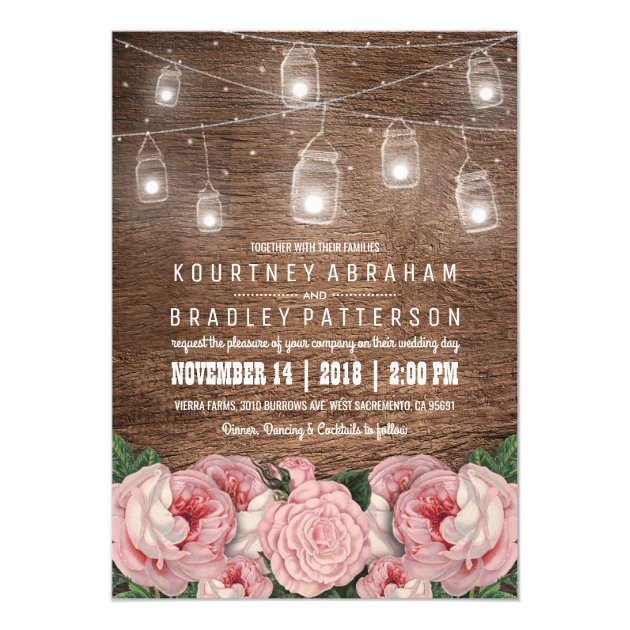 Mason Jar String Lights Pink Rose Wedding | Rustic Invitation
