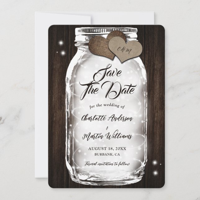Mason Jar String Lights Rustic Barn Wood Wedding Save The Date (Front)