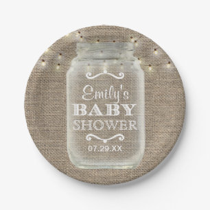 Mason Jar String Lights Rustic Burlap Baby Shower Paper Plates