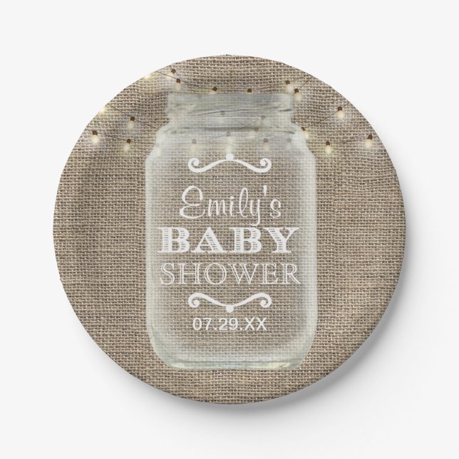 Mason Jar String Lights Rustic Burlap Baby Shower Paper Plates (Front)