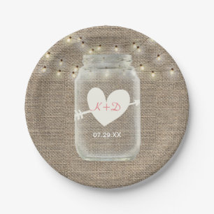 Mason Jar & String Lights Rustic Burlap Wedding Paper Plates