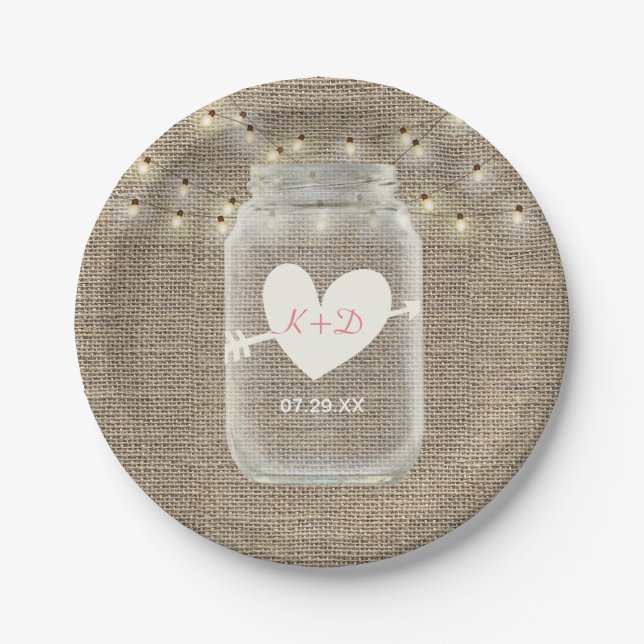 Mason Jar & String Lights Rustic Burlap Wedding Paper Plates (Front)