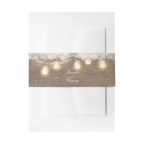 Mason Jar String Lights Rustic Wood Lace Wedding Invitation Belly Band