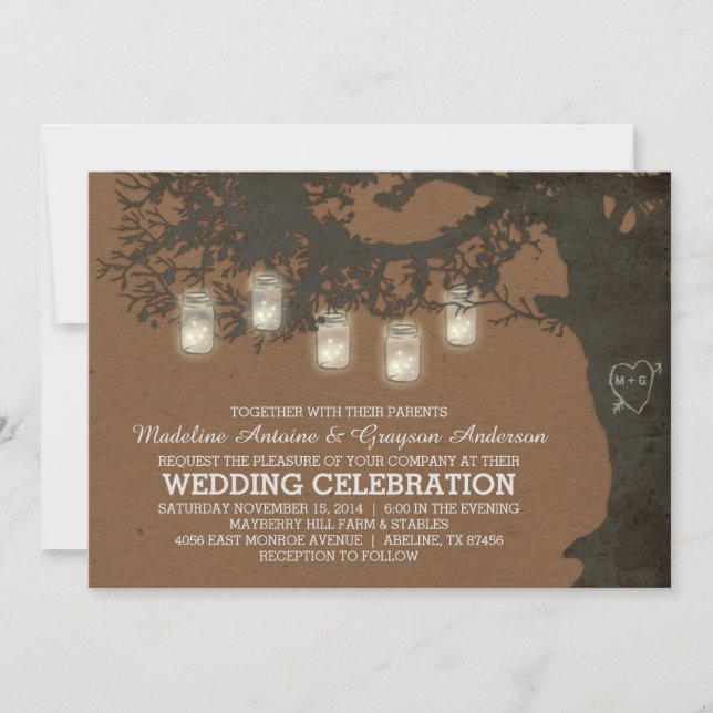 Mason Jar String Lights Tan Autumn Tree Wedding Invitation (Front)