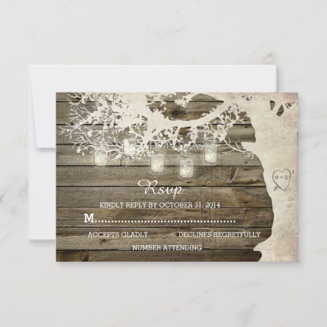 Mason Jar String Lights Tree Rustic Barn Wood RSVP Card (Front)