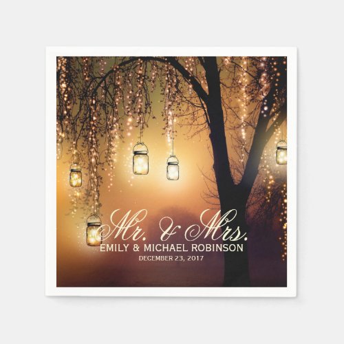 Mason jar string lights tree rustic wedding paper napkins - Vintage string lights and mason jar with tree on grunge background rustic country wedding napkin featuring "Mr. & Mrs." in an antique calligraphy script font with custom monogram design that can be personalized with the bride and groom's married name and wedding date. for summer, fall, spring or winter wedding! Perfect design for the country wedding. contact me for any design customization. Matching products available