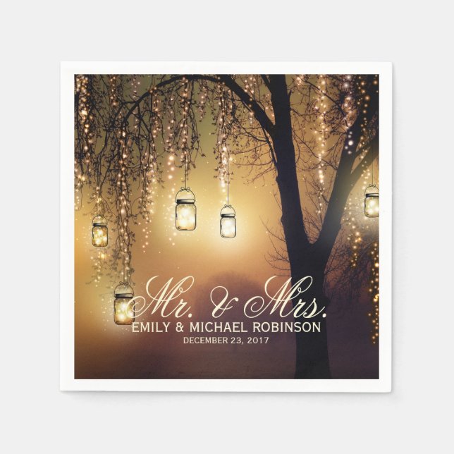 Mason jar string lights tree rustic wedding paper napkins (Front)
