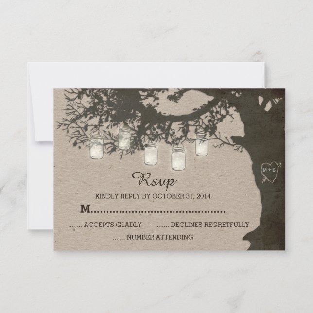 Mason Jar String Lights Tree Vintage RSVP Card (Front)