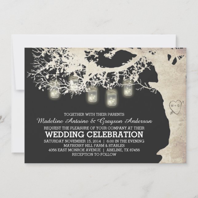 Mason Jar String Lights Tree Vintage Wedding Invitation (Front)