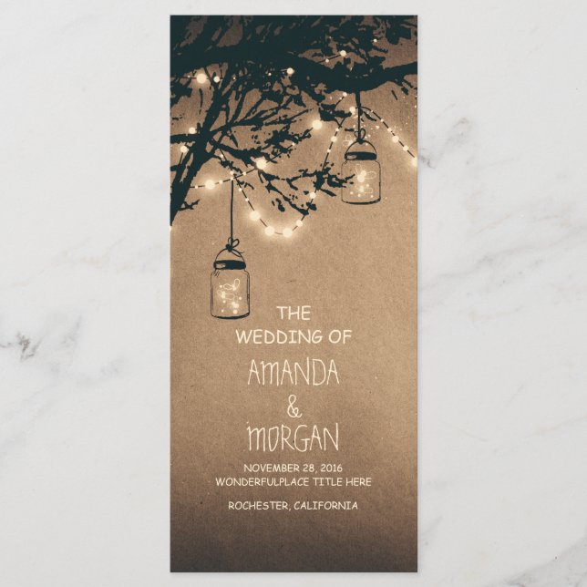 Mason Jar String Lights Tree Wedding Programs (Front)