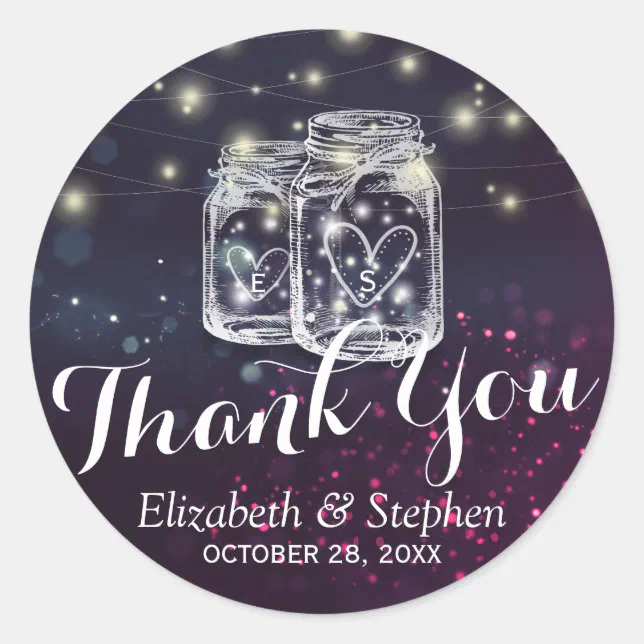 Mason Jar & String Lights Wedding Favor Thank You Classic Round Sticker ...