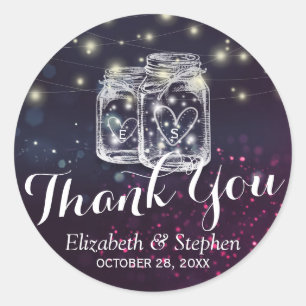 Mason Jar & String Lights Wedding Favor Thank You Classic Round Sticker