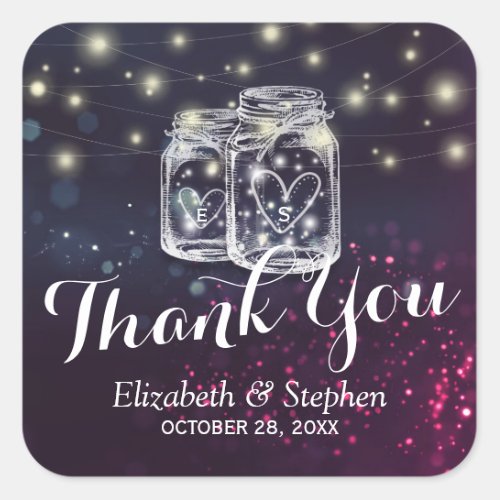 Mason Jar  String Lights Wedding Favor Thank You Square Sticker