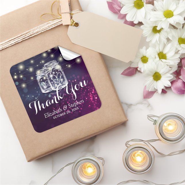 Mason Jar & String Lights Wedding Favor Thank You Square Sticker (Creator Uploaded)