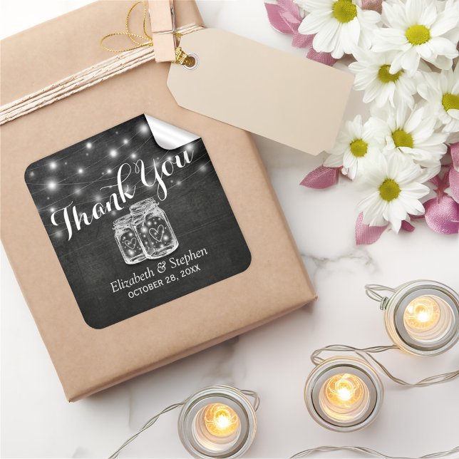 Mason Jar & String Lights Wedding Favor Thank You Square Sticker (Creator Uploaded)