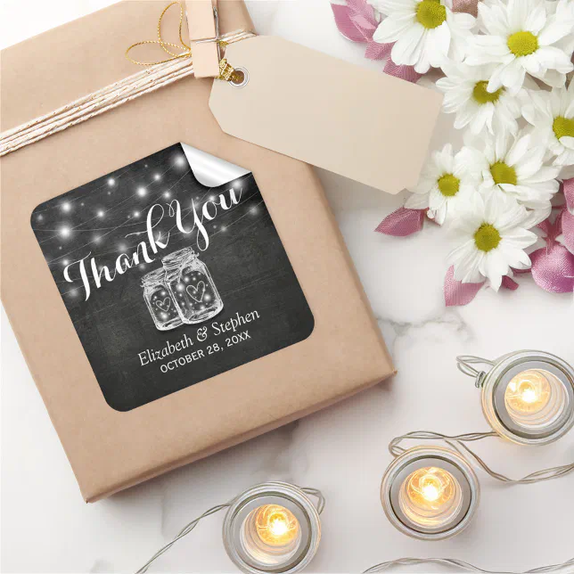 Mason Jar & String Lights Wedding Favor Thank You Square Sticker | Zazzle