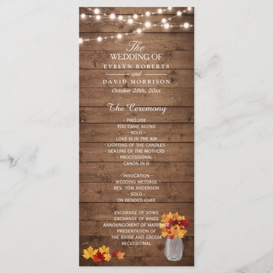 Mason Jar String Lights Wood Fall Wedding Program Zazzle Com