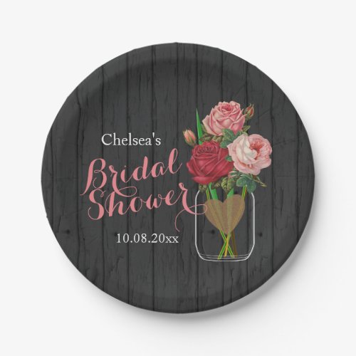 Mason Jar Stylish Rose Bridal Shower Design Paper Plates
