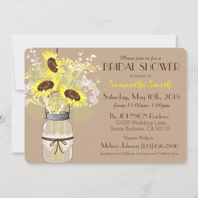 Mason Jar Sunflower Burlap Rustic Bridal Shower Invitation (Front)