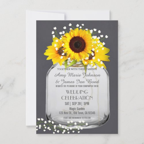 Mason jar sunflower Chalkboard Fall Wedding Cards