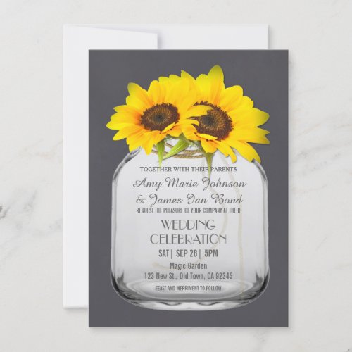 Mason jar sunflower Chalkboard Wedding invitations