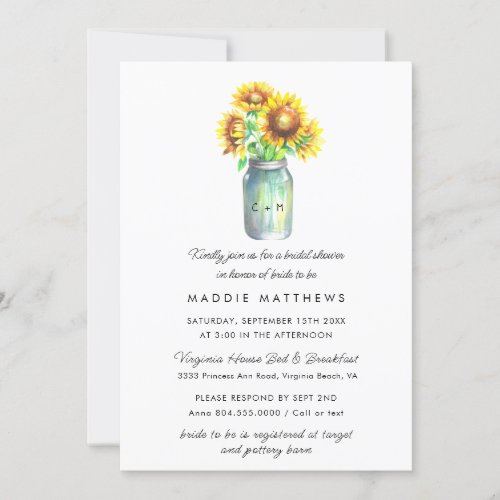 Mason Jar  Sunflower Country Rustic Bridal Shower Invitation