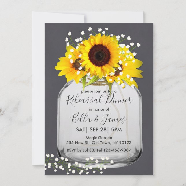Mason jar sunflower rehearsal dinner invitations (Front)
